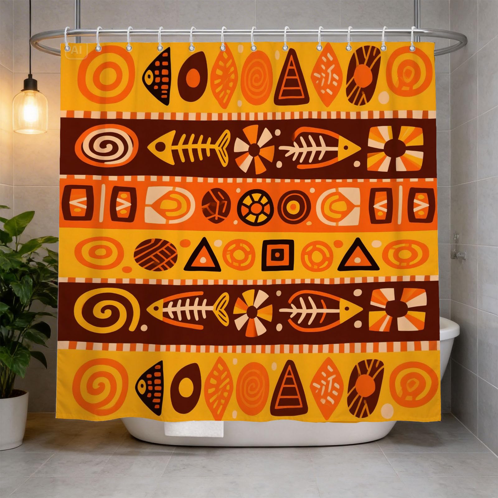Hongduo 3D African Totem Shower Curtain for Stalls Bathtubs Fish Bone Element Bathroom Decor Shower Curtain Set Polyester Fabric Waterproof 120x180cm/48X71 Inch with Hooks