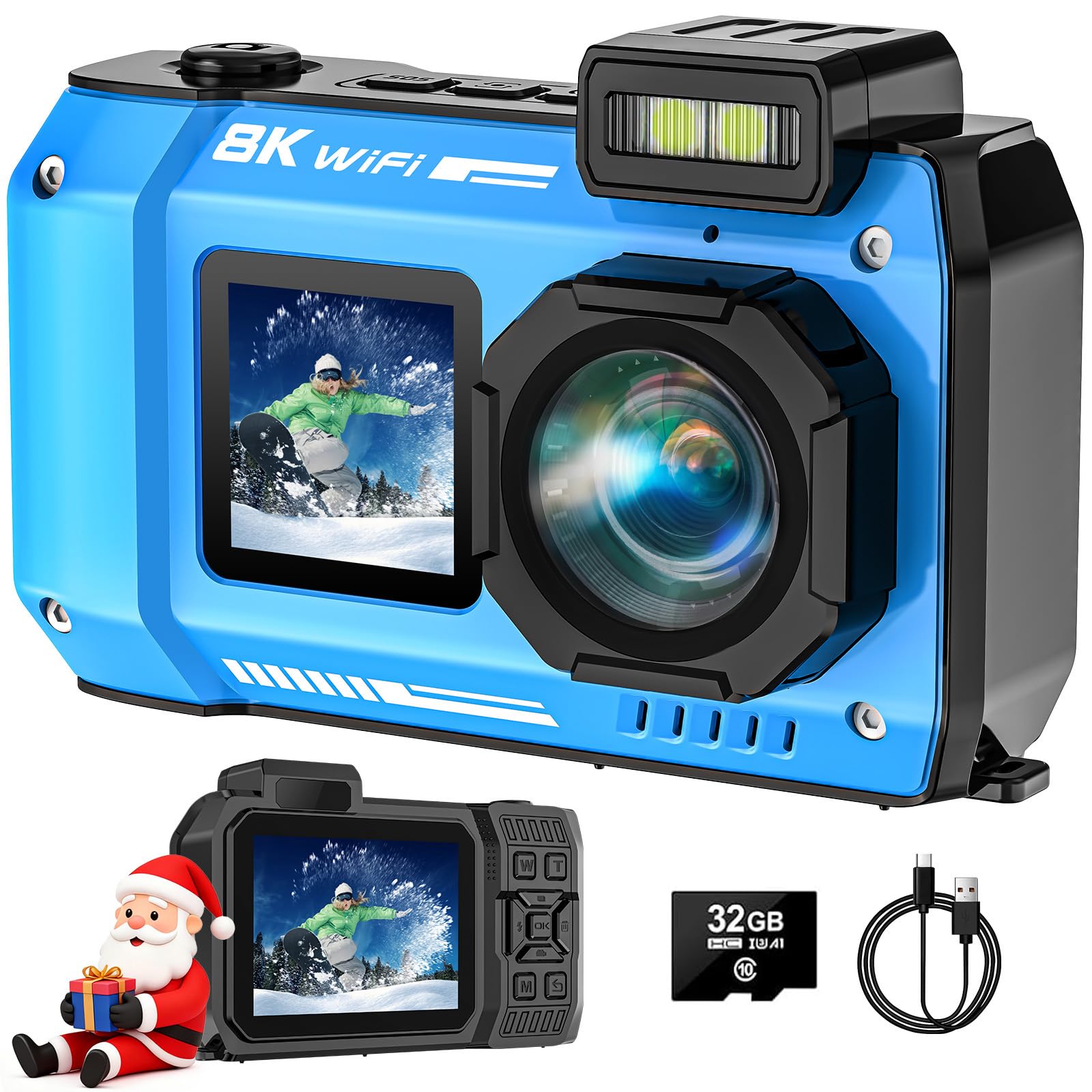 UHD 8K Unterwasserkamera, 70MP 33FT WiFi Wasserdichte Digitalkamera mit 64GB Karte, Autofokus Wasserdicht Dual-Screen Selfie 2500mAh Akku, 18X schwimmfähig Digital zum Schnorcheln, Blau