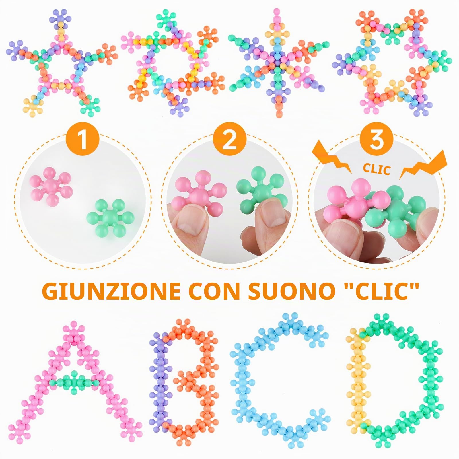 Blocchi di Costruzione a Fiocco di Neve | 300 Pezzi | Per Bambini dai 3 Anni in Su | Blocchi di Plastica Multicolori per l'Apprendimento Precoce e la Creatività | Giocattolo STEM con Borsa