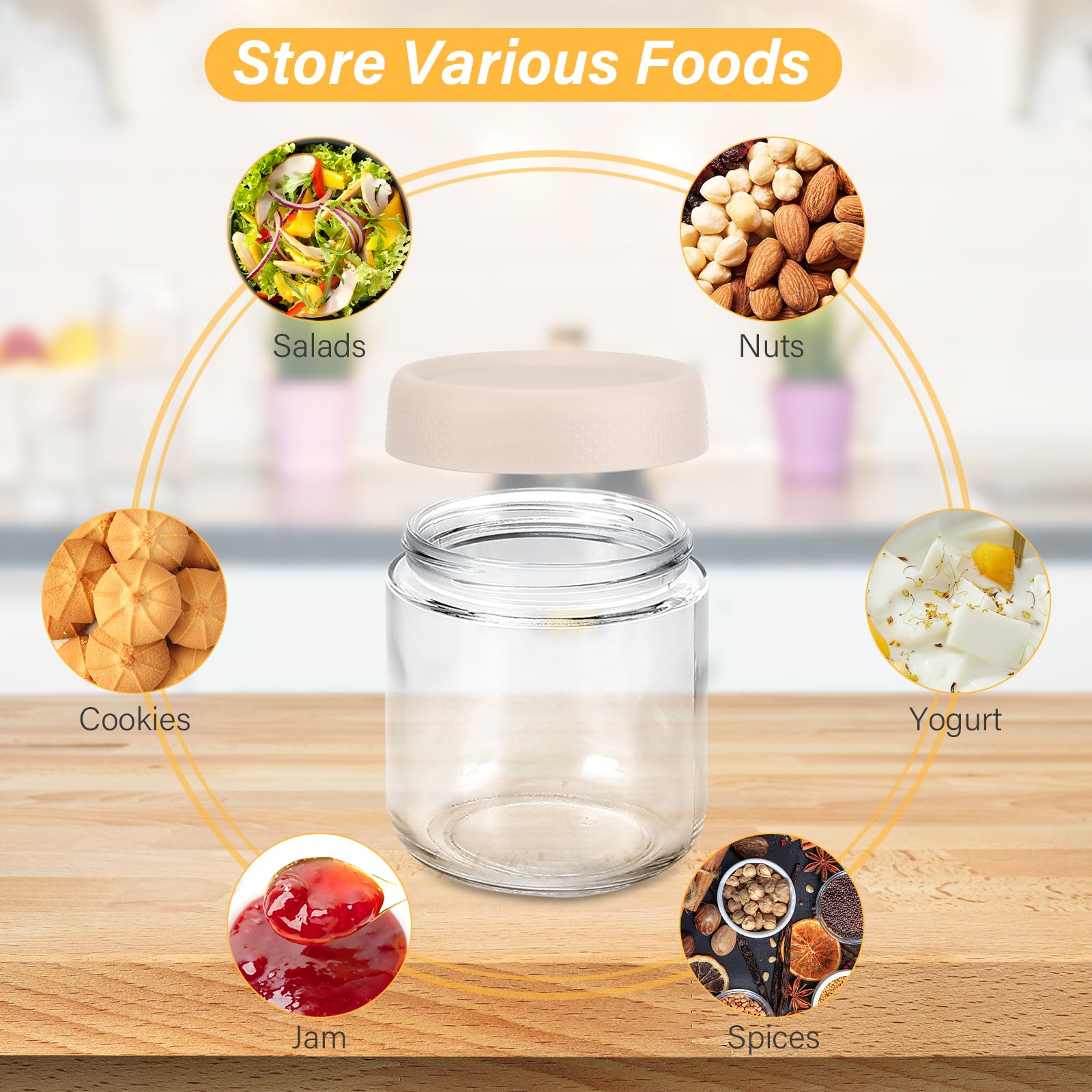 4 Pezzi Barattoli di Vetro con Coperchi, 350ml Vasetti Vetro, Vasetti per Yogurt, Fiocchi D'avena, Miele, Insalata, Marmellata, Cibo in Salamoia, Freschezza, Stoccaggio