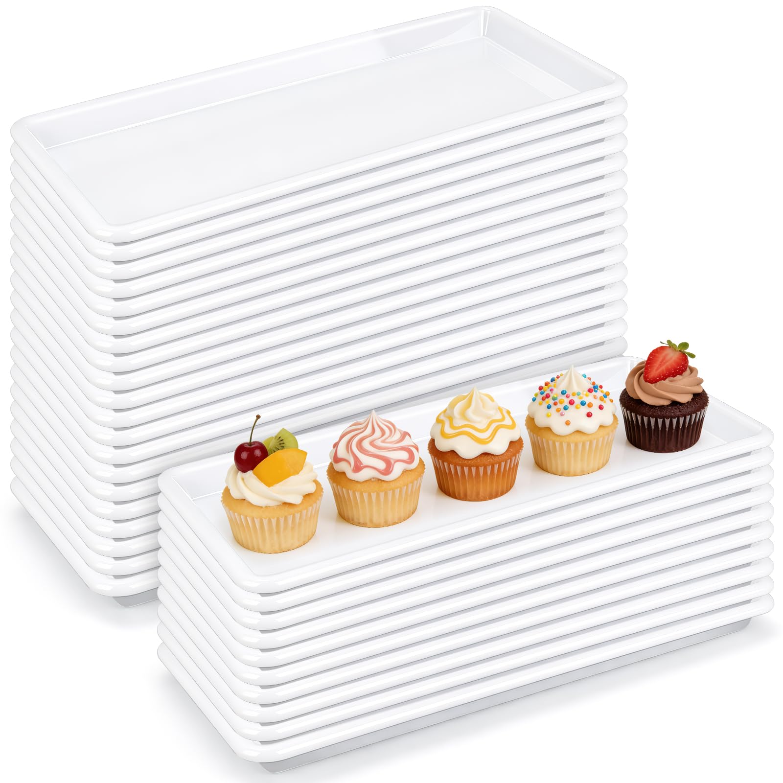 30 Pack Plastic Serving Trays Bulk,14.1 x 6.3 Inch Rectangular Dessert Serving Platters, Stackable Party Food Trays for Wedding Reception, Buffet, Catering,Reusable Plastic Plates(White)