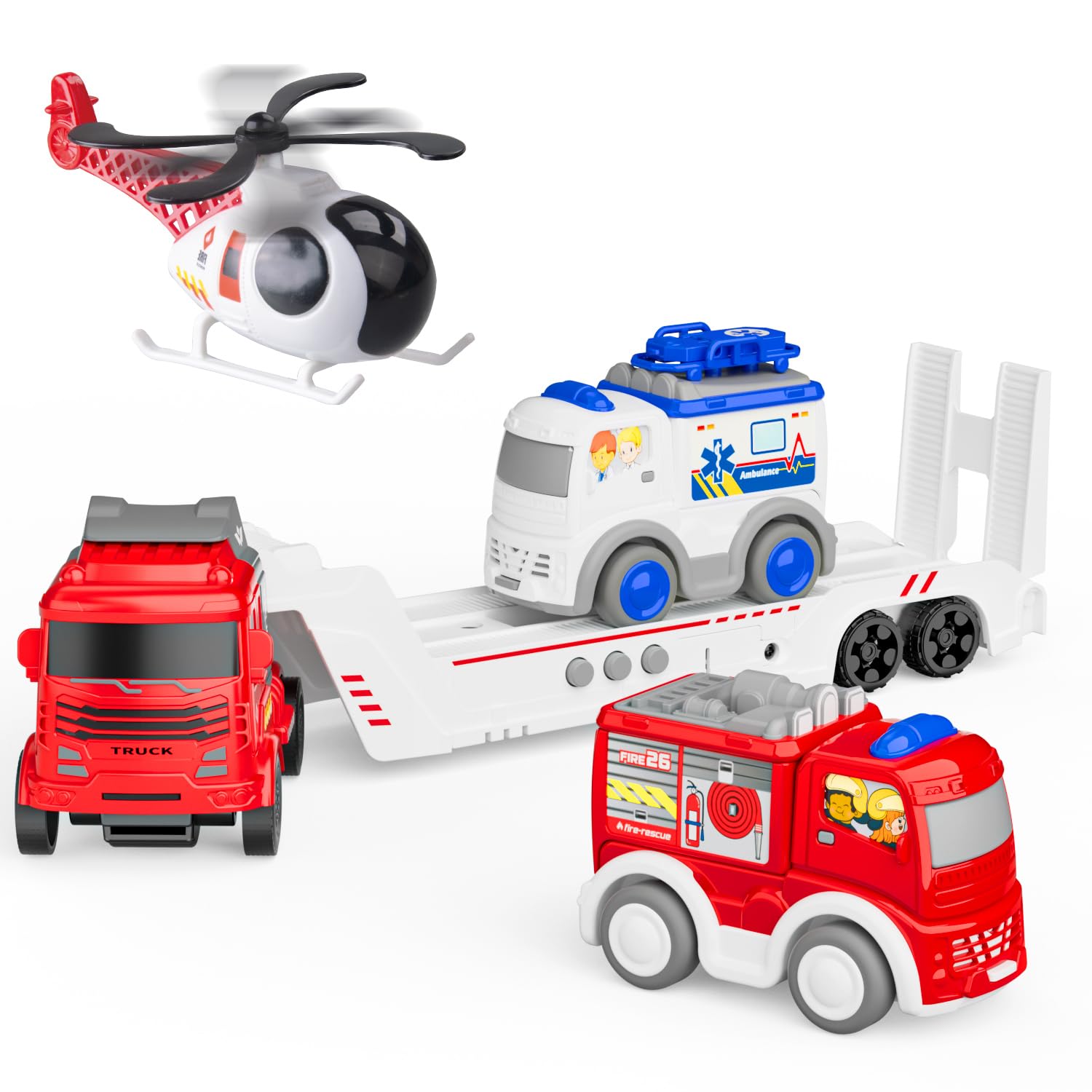 Camion De Pompiers 7-en-1 Avec Lumière Et Son - Jouet Friction Pour Enfants 2-6 Ans - Inclut 6 Mini Voitures Et Autocollants - Cadeau Garçon Ou Fille