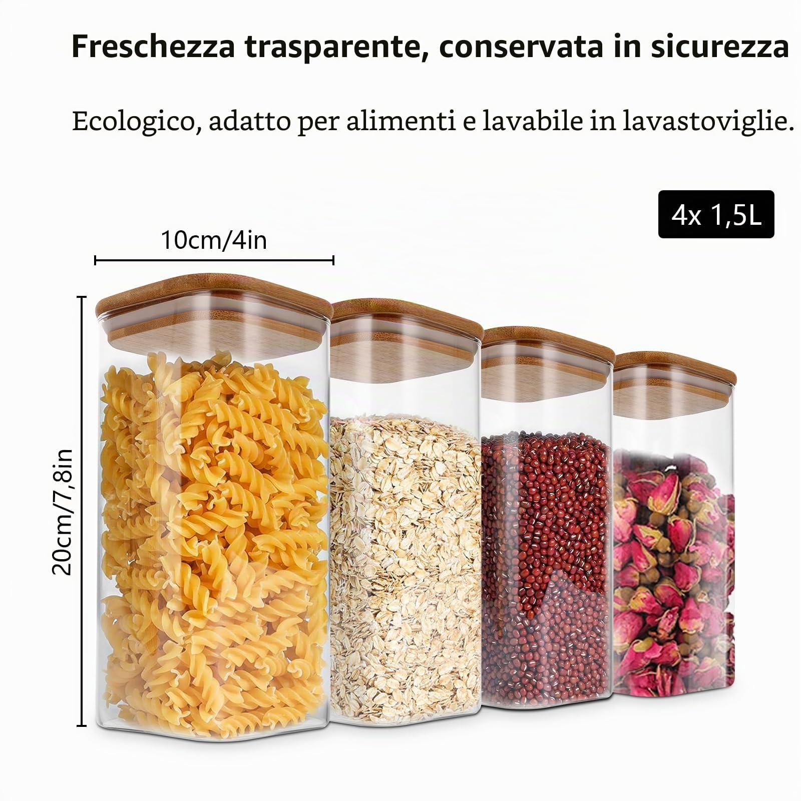 4 Pezzi Barattoli per Alimenti con Coperchio, 1500ml Barattoli in Vetro con Coperchio Ermetici, Contenitori in Vetro Angolari con Coperchi in Bambù, Barattoli per la Conservazione in Cucina per