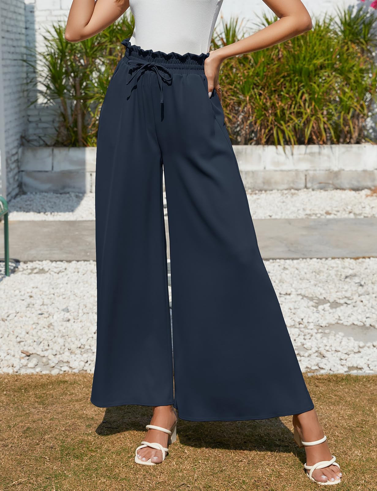 Voqeen Mujer Pantalones Verano Frescos Casual Pantalon Pierna Ancha Cintura Alta Elástico con Bolsillos Cómodo Pantalones de Trabajo Anchos Oficina