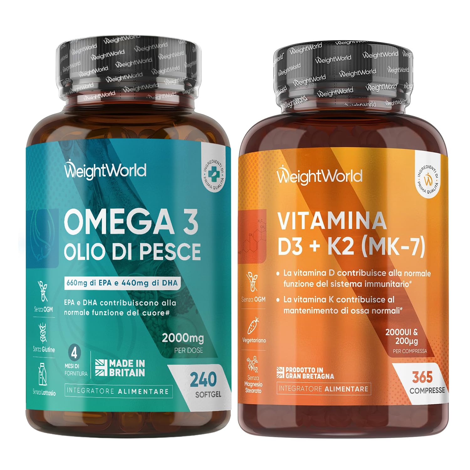 Omega 3 Olio di Pesce e Vitamina D3 K2 Bundle, 240 Softgel + 365 Compresse, Omega 3 2000mg, 660mg di EPA e 440mg di DHA, Vitamina D3 e K2, 2000UI di Colecalciferolo, 200μg di Menachinone, Senza OGM