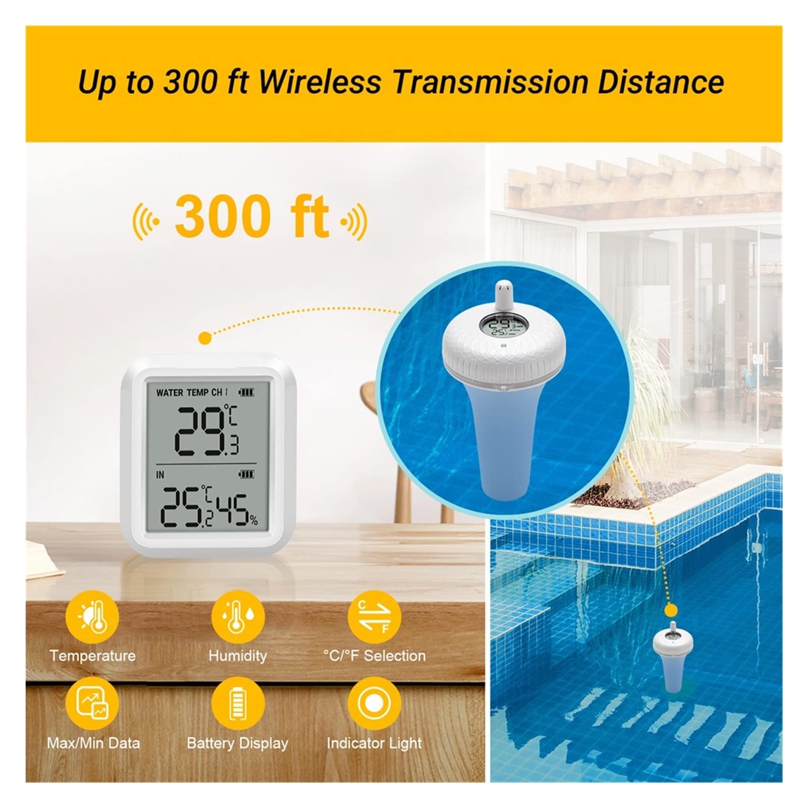 Termometry basenowe Pływający cyfrowy termometr bilardowy 300 stóp IPX7 Wodoodporny termometr bilardowy na zewnątrz wodoodporny LCD Termometr Spa Display do odkrytych i krytych basenów, spa, jacuzzi