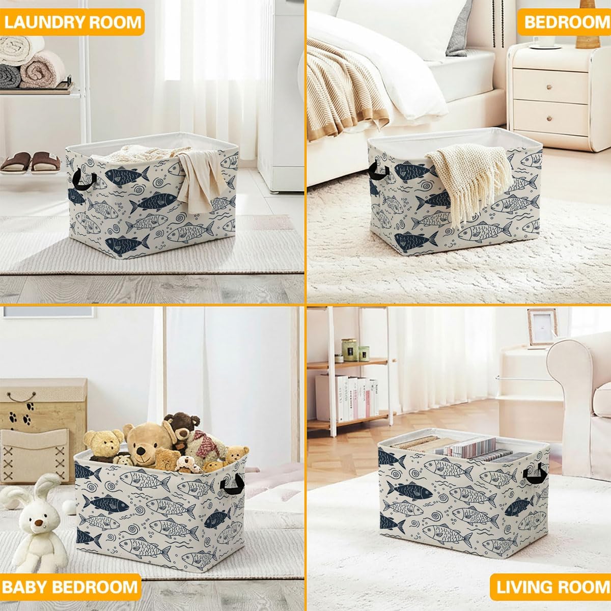 Blue Fish Laundry Hamper with Handles,Large 56L Foldable Square Clothes Basket Multi‑Use Blanket Storage Bins for Organizing Books,Toys,Gifts,Room Decoration,Laundry Room,Dorm Nursery image 5