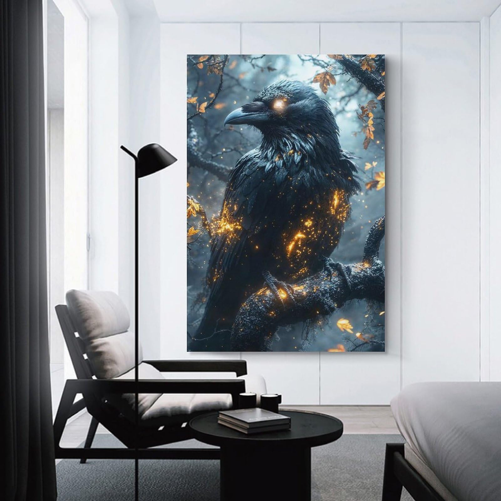 Junmoney Mystical Raven with Glowing Feathers Hanging Wall Art 24x36inch(60x90cm), for Restful Interiors, Bedrooms Or Small Rooms, Home Artwork with A Soft Interior Feel