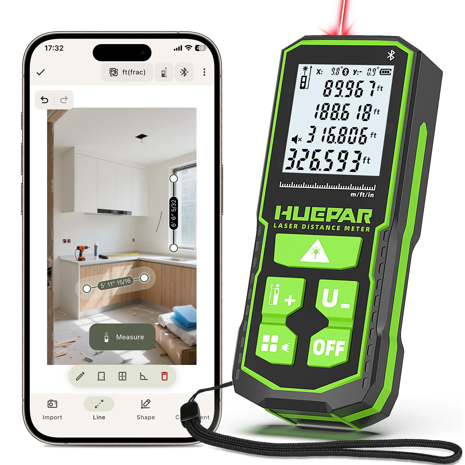Télémètre Laser Huepar 328Pieds (100M) avec Batterie Rechargeable & Affichage d’Angle Double, Mesureur Laser M/in/Ft Fonction Muette & Modes Multi-Mesures, Pythagore, Distance, Surface & Volume-S100