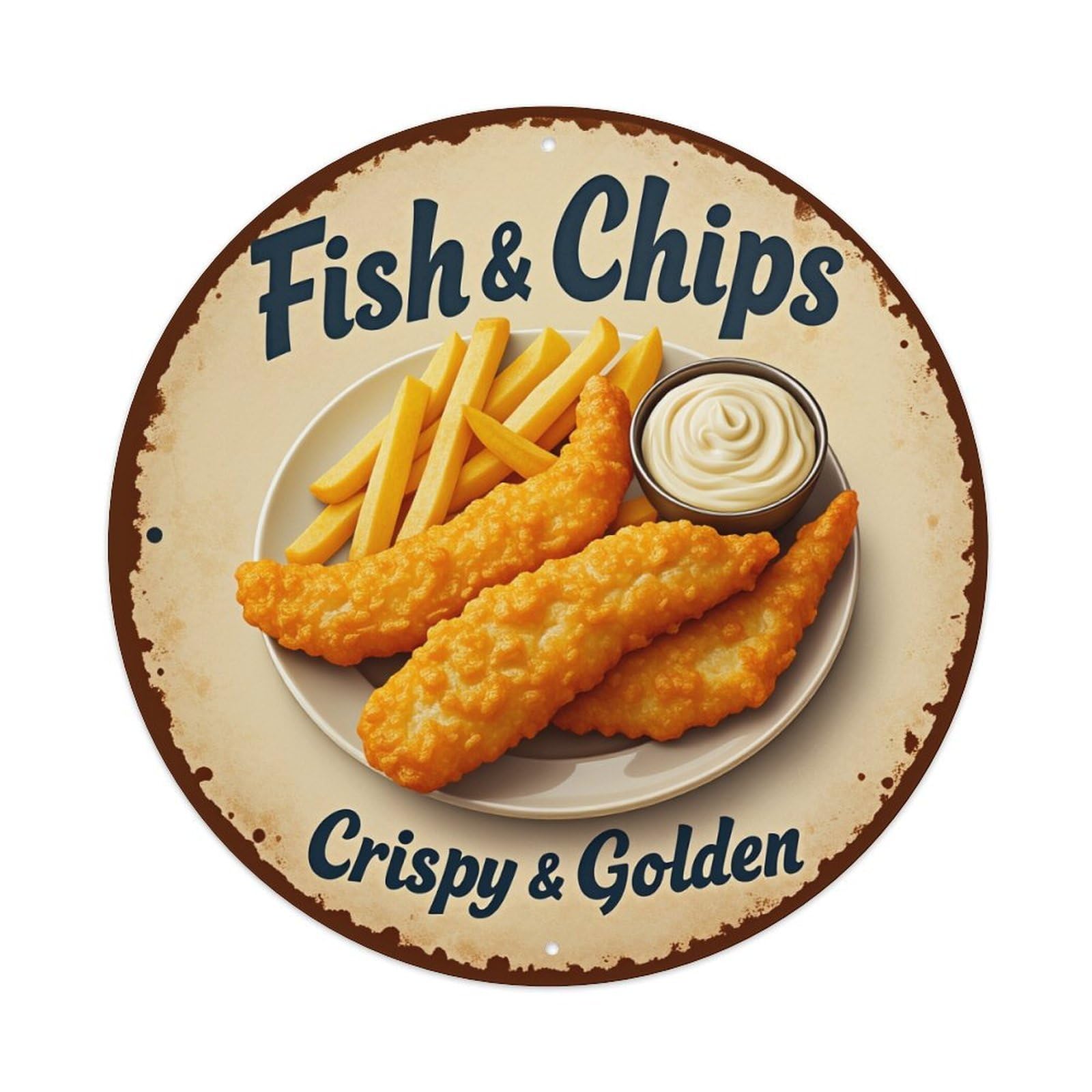 Fish And Chips Crispy Golden Round Tin Sign Vintage Metal Poster, Home Bar Garage Man Cave Cafe Indoor & Outdoor Wall Decoration 8x8Inches