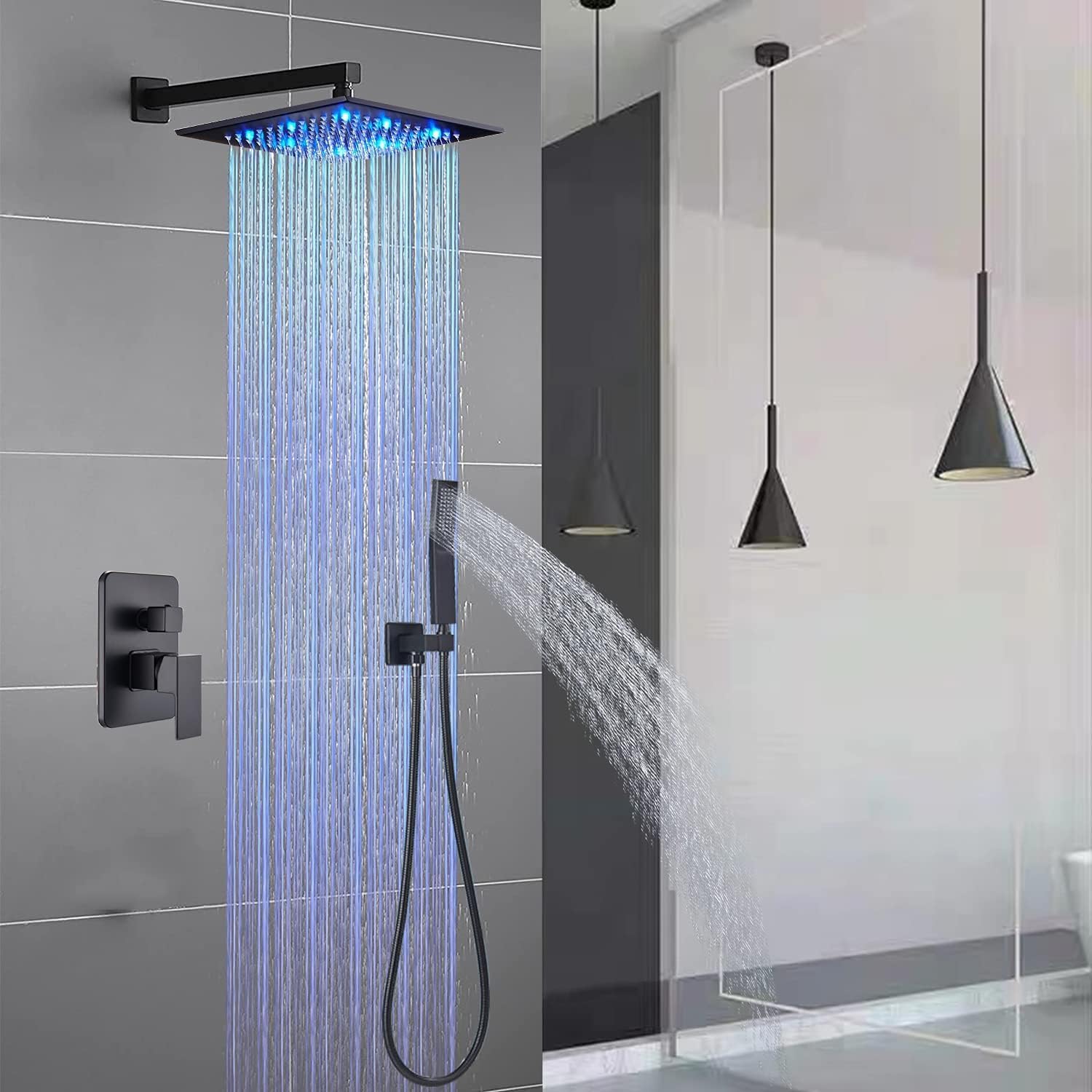 Suguword Shower Faucet Set Matte Black Rain Shower System with 12 Inch LED Square Rainfall Shower Head and and Handheld Spray Luxury Bathroom Shower Faucet Sets Complete Combo Set Wall Mounted