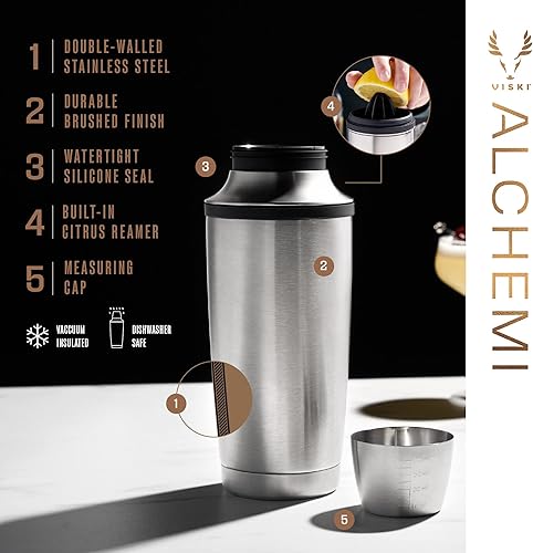 Miniatura 3 de Viski Alchemi - Coctelera aislada al vacío con escariador de cítricos, tapa, colador para cócteles fríos, margarita, whisky sour, coctelera de