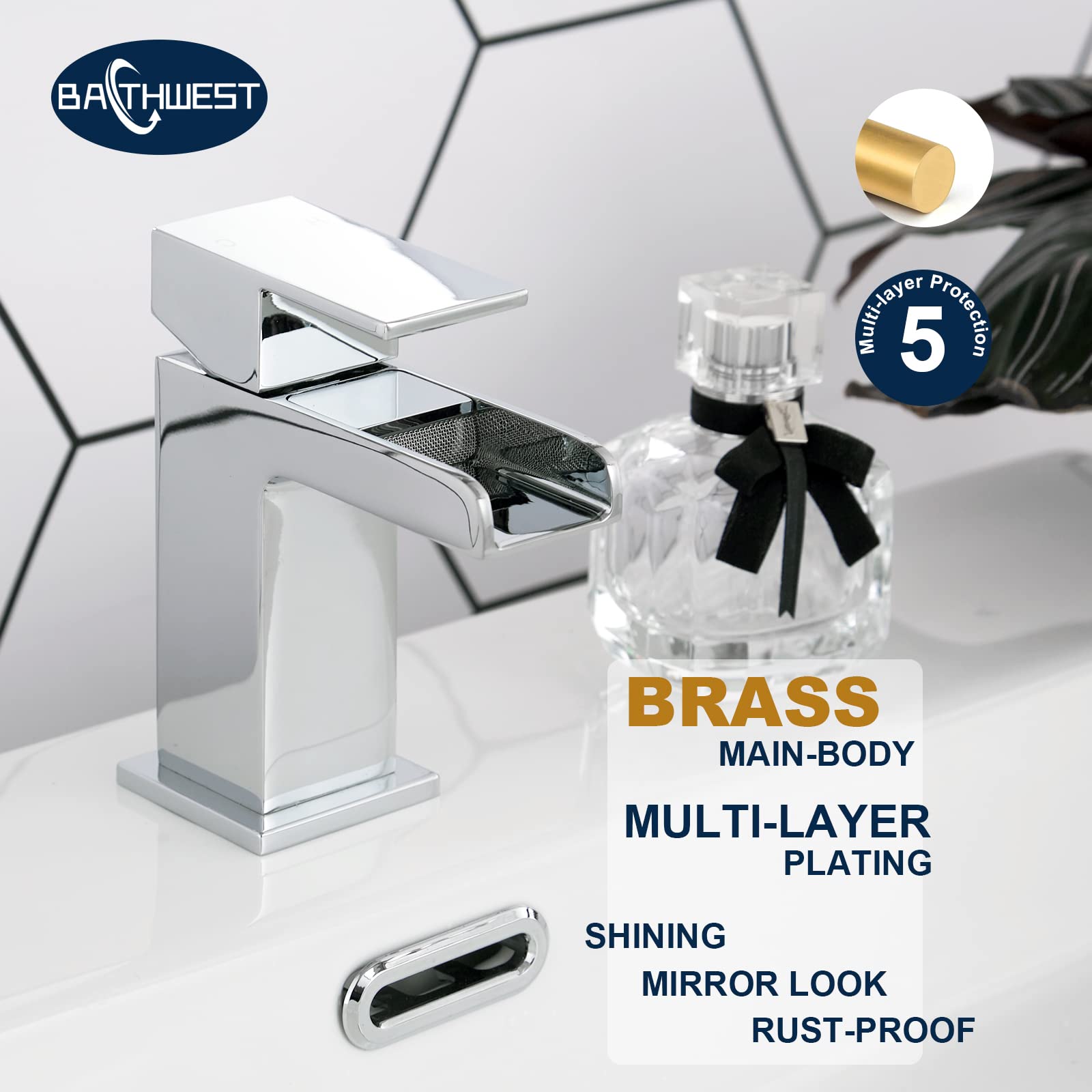 Cascade 612M Robinets de lavabo carrés avec bonde pop-up monobloc en laiton chromé avec vidage