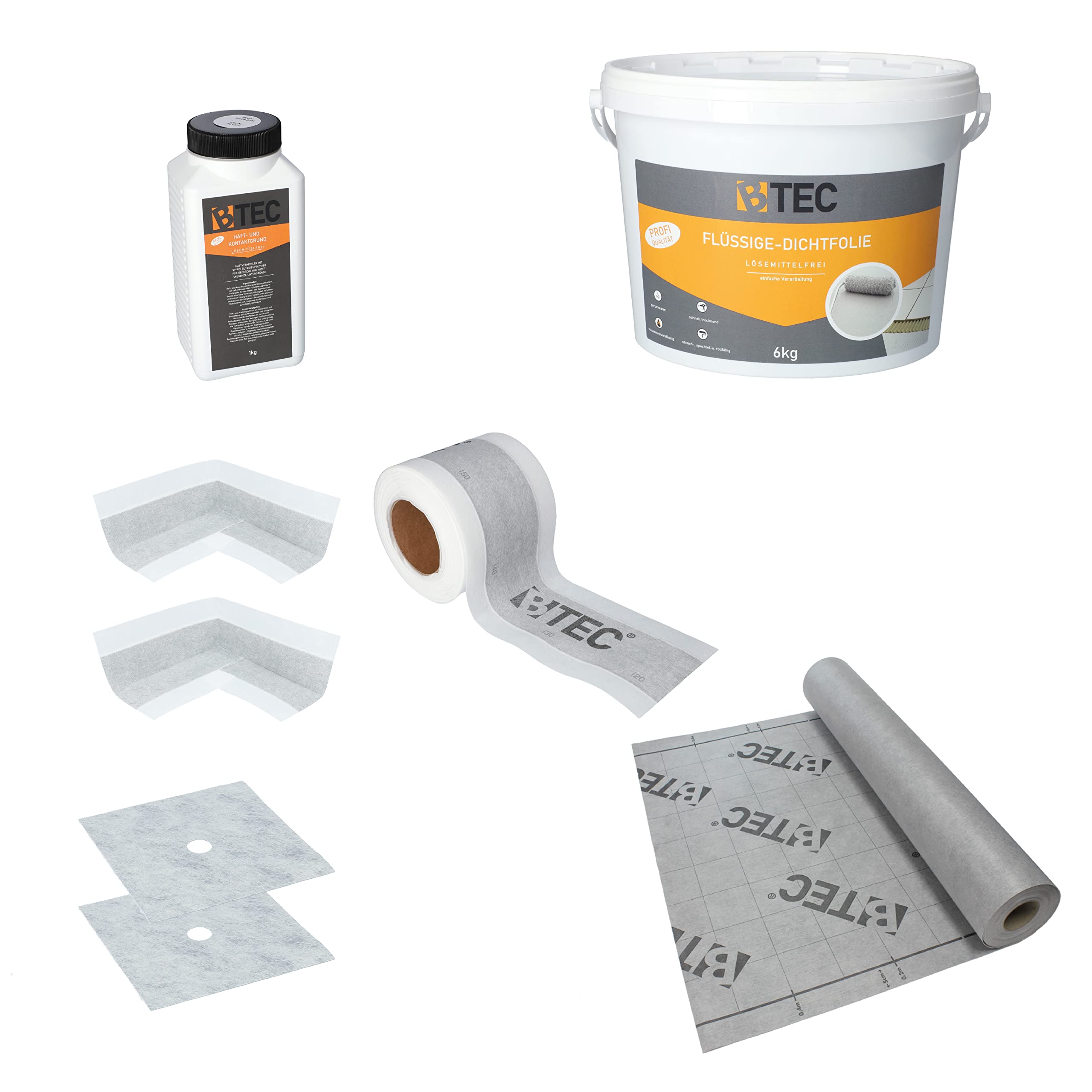 BTEC Dicht-Set 2B Dichtmaterialien Manschetten Innenecken Haftgrund | 1m² Abdichtungsbahn 6kg Flüssigdichtfolie Dichtband Spezial Set kleine Duschnische Verbundabdichtung Innenbereich