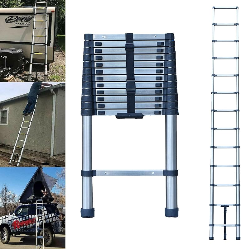 Telescoping Ladder, 12 FT Stainless Steel Extension Ladder for Home, Collapsible Ladders 330 Lb Max Capacity, Multi-Purpose Telescopic Ladder for Roof Ceiling, Household Daily, EN131 Certificated