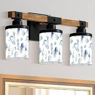 3-Light Bathroom Light Fixtures Sea Animals Blue Watercolor Ocean Seamless Pettern Fish Turtle Whale Farmhouse Wood Vanity Lights Over Mirror Wall Lamp with Glass Shade Wall Sconces for Living Room