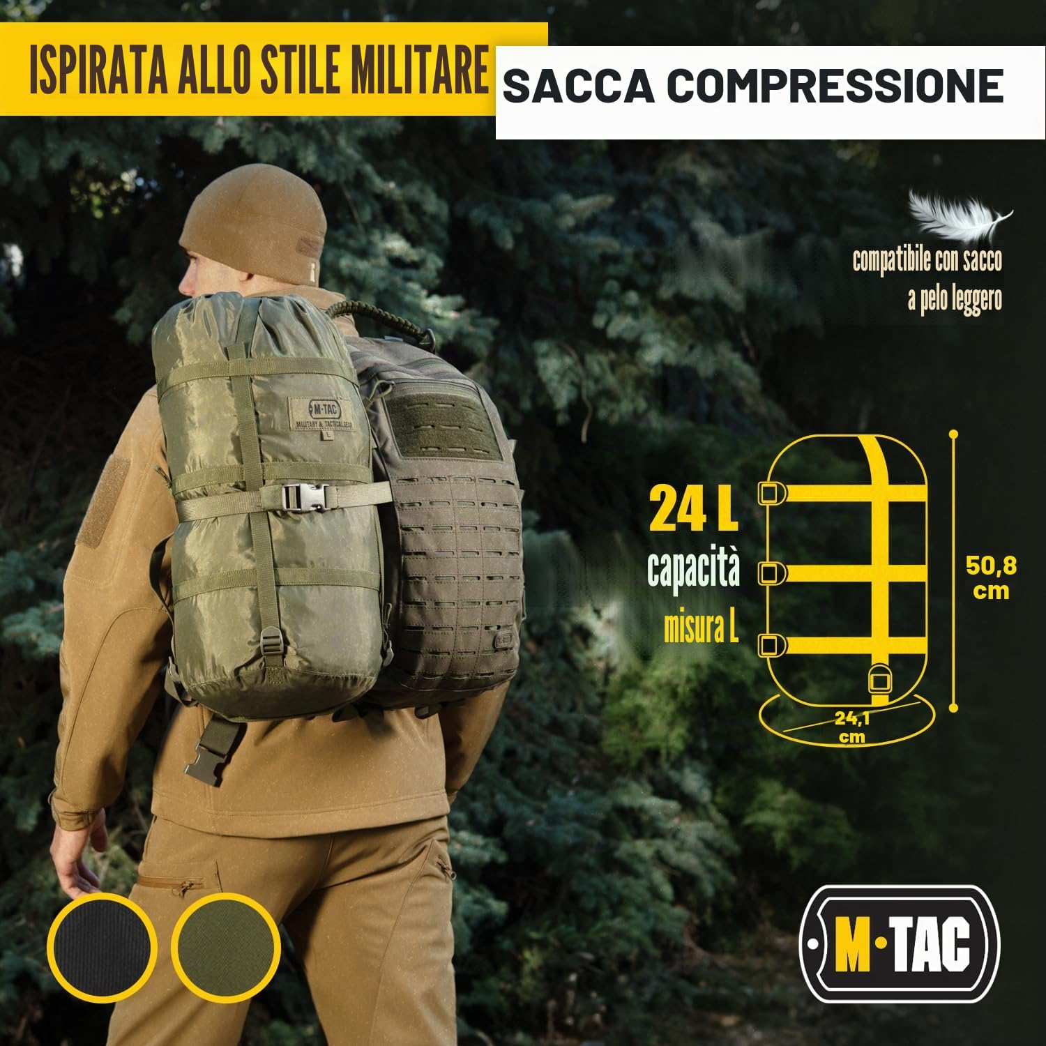 M-Tac Sacco a pelo a compressione, militare, impermeabile, leggero, in nylon, per viaggi, campeggio, escursionismo, attività all'aperto, 12 litri, taglia M