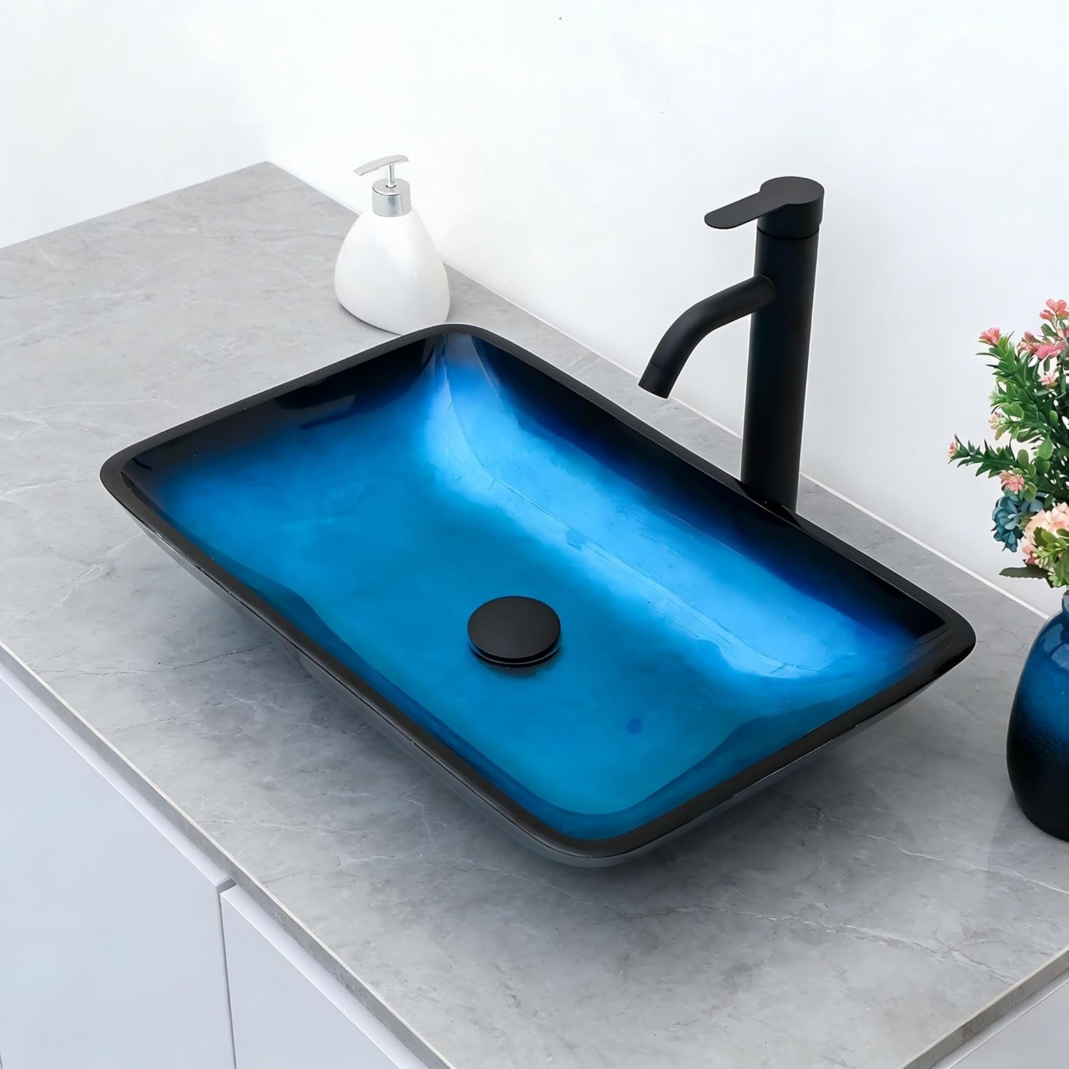 Bathroom Sink 22 Inch Blue Glass Vessel Sink With Drain Modern Rectangular Shape Artistic Basin Bathroom Vessel Sink Above Counter 4" Deep Rectangle Sink
