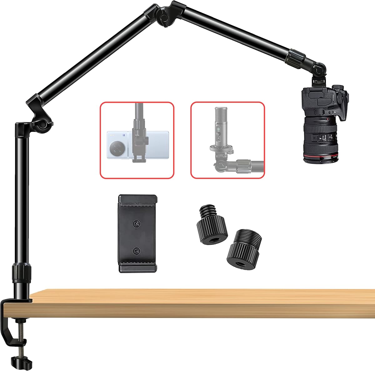 Overhead Camera Mount Desk Stand, Bearing 18lb, Base& Top 360° Adjustable, with 1/4“ 3/8" 5/8" Screw, 3-Section Flexible Articulating Metal Arm for DSLR Camera/Webcam | with 1/4“ 3/8" 5/8" Screw, 3-Section Flexible Articulating Metal Arm for DSLR Camera/Webcam
