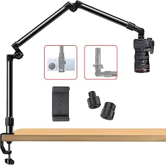 Overhead Camera Mount Desk Stand, Bearing 18lb, Base& Top 360 Adjustable, with 1/4 3/8" 5/8" Screw, 3-Section Flexible Articulating Metal Arm for DSLR Camera/Webcam