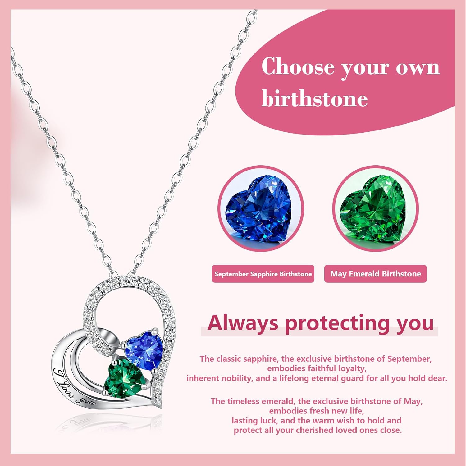 Double Birthstone Heart Necklace 0.8CT Dual-Gemstone S925 Sterling Silver Plated White Gold Engraved I Love You Perfect Anniversary/Valentine's Day Gift for Wife/Girlfriend/Mom/Daughter - Image 5