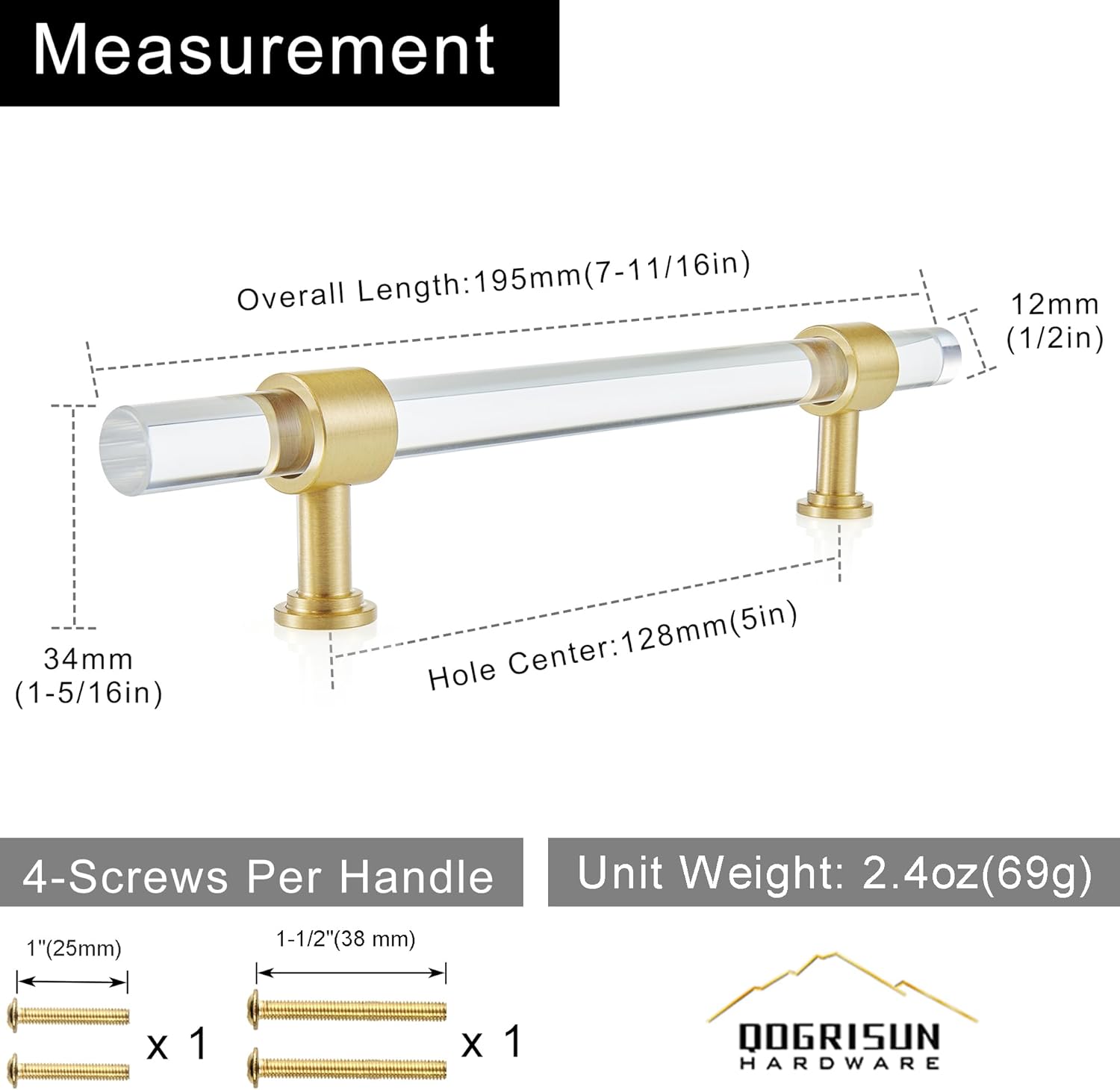 QOGRISUN 5-Pack Acrylic Cabinet Pulls with Brass Base, Gold Modern Drawer Handles, 5-inch Hole Center for Kitchen, Dresser Drawer Clear Glass Crystal Pulls, 7.7-inch Total Length