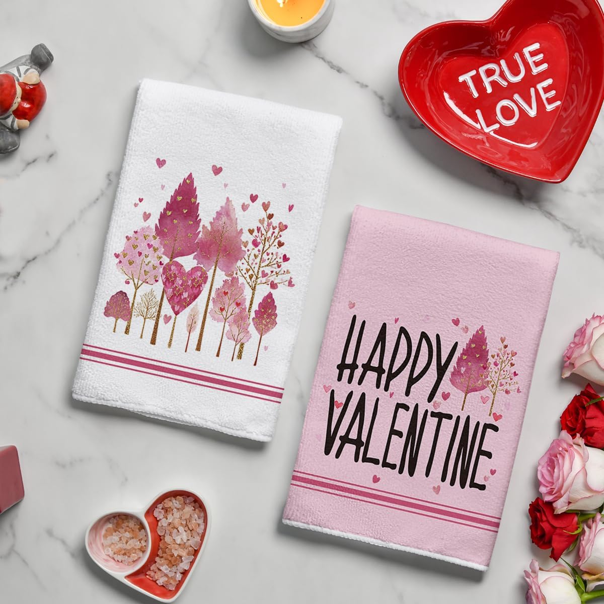 Artoid Mode Pink Love Heart Tree Happy Valentine's Kitchen Towels Dish Towels, 18x26 Inch Anniversary Wedding Decoration Cleaning Set of 2 - Image 5