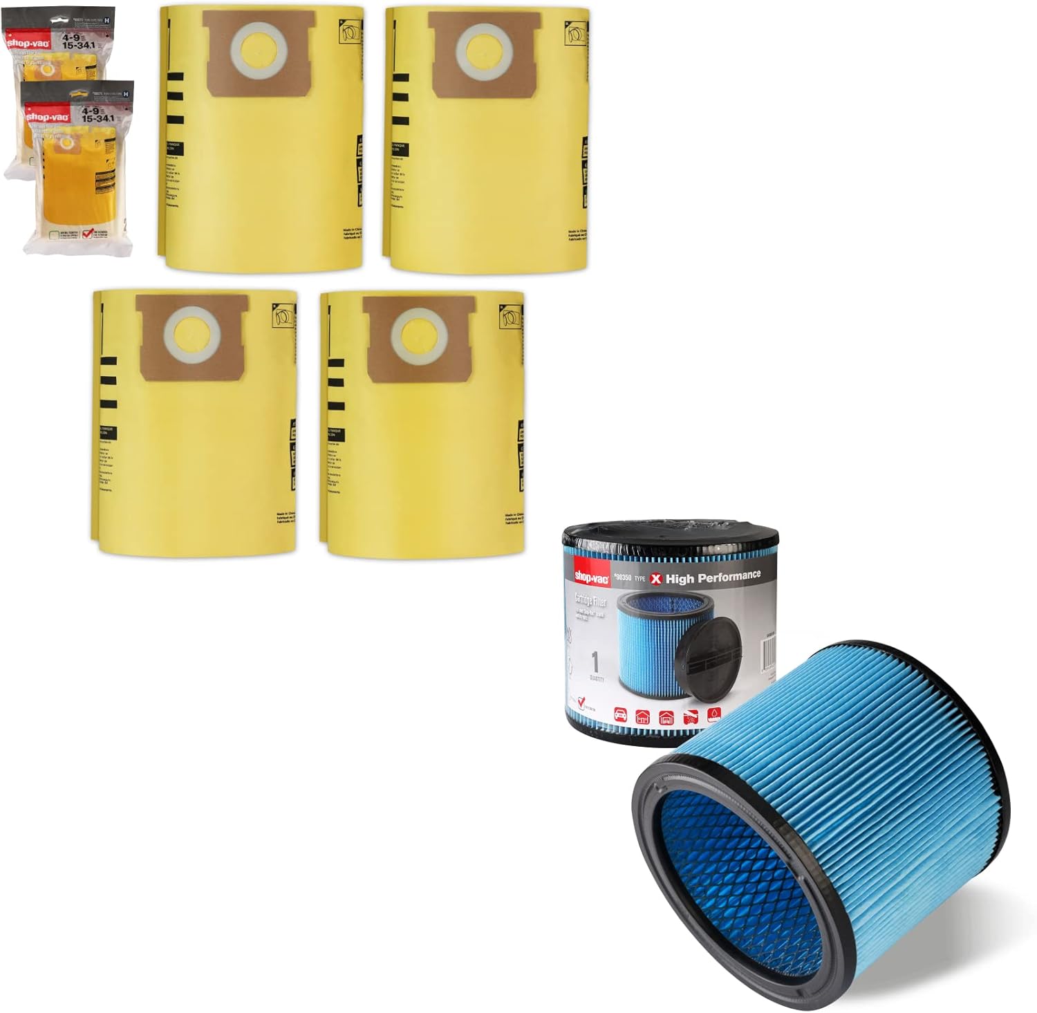 Shop-Vac 90671 5-8 Gallon High-Efficiency Filter Bags+90304 High Performance Cartridge Filter