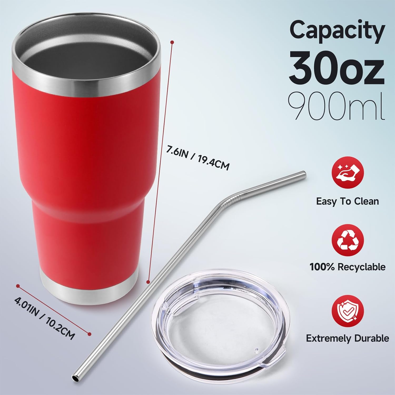 Volhoply 30oz Insulated Tumbler with Lid and Straw, Double Wall Inner & Outer 304 Stainless Steel Coffee Cup, Travel Mug Reusable Thermal Cup for Cold & Hot Drinks (Red,1 Pack) - Image 2