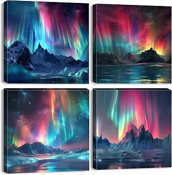 Northern Lights Wall Art for Living Room Aurora Borealis Landscape Wall Decor Abstract Mountain Scenery Canvas Prints Paintings Modern Nature Artwork for Bedroom Bathroom Home Decoration 12x12" 4Pcs