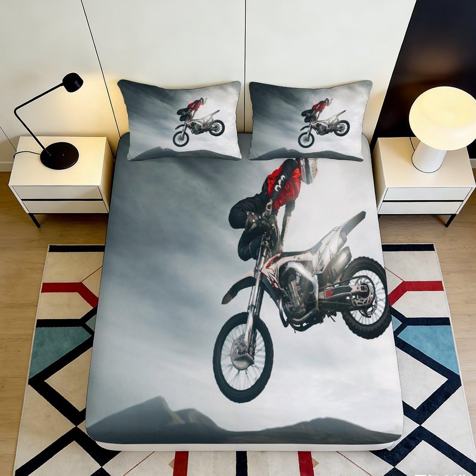 3D Printed Motocross Action Fitted Sheet Microfiber Soft Breathable Extreme Sports Bed Cover for Bedroom Decor 90x200x25cm