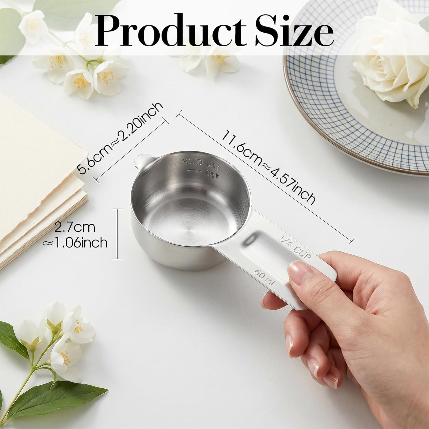 2 Pcs 1/4 Cup Scoop, 1/4Cup Measuring Cup (60ml, 2oz) Stainless Steel Metal Measuring Cups for Coffee Flour Rice Dog Cat Pet Food Wet and Dry Ingredients, Dishwasher Safe
