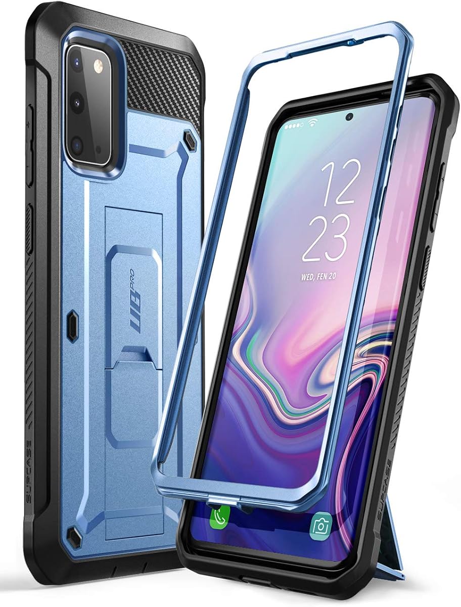 SUPCASE for Samsung Galaxy S20 Case with Built-in Kickstand, MetallicBlue | 1x Front Frame, Charge Port Cover, Belt Clip Holster, Military-Grade Protection, Anti-Slip, Shockproof, Unicorn Beetle Pro