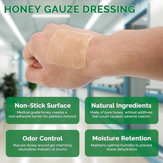 Greetmed Honey Gauze Dressing 2'' x 2'' Sterile Honey Wound Dressing, Medical Grade Manuka Honey Patches for Faster Wound Care | Burns | Traumatic Wounds and Laceration (Individually Pack of 10)