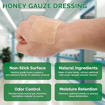 Greetmed Honey Gauze Dressing 2'' x 2'' Sterile Honey Wound Dressing, Medical Grade Manuka Honey Patches for Faster Wound Care | Burns | Traumatic Wounds and Laceration (Individually Pack of 10)