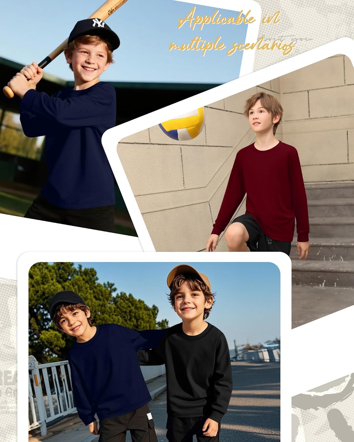 3 Pack Long Sleeve Shirts for Boy Crewneck Youth Undershirts Loose Kids Tops Winter Fall Basic Tee Pullover - Image 2