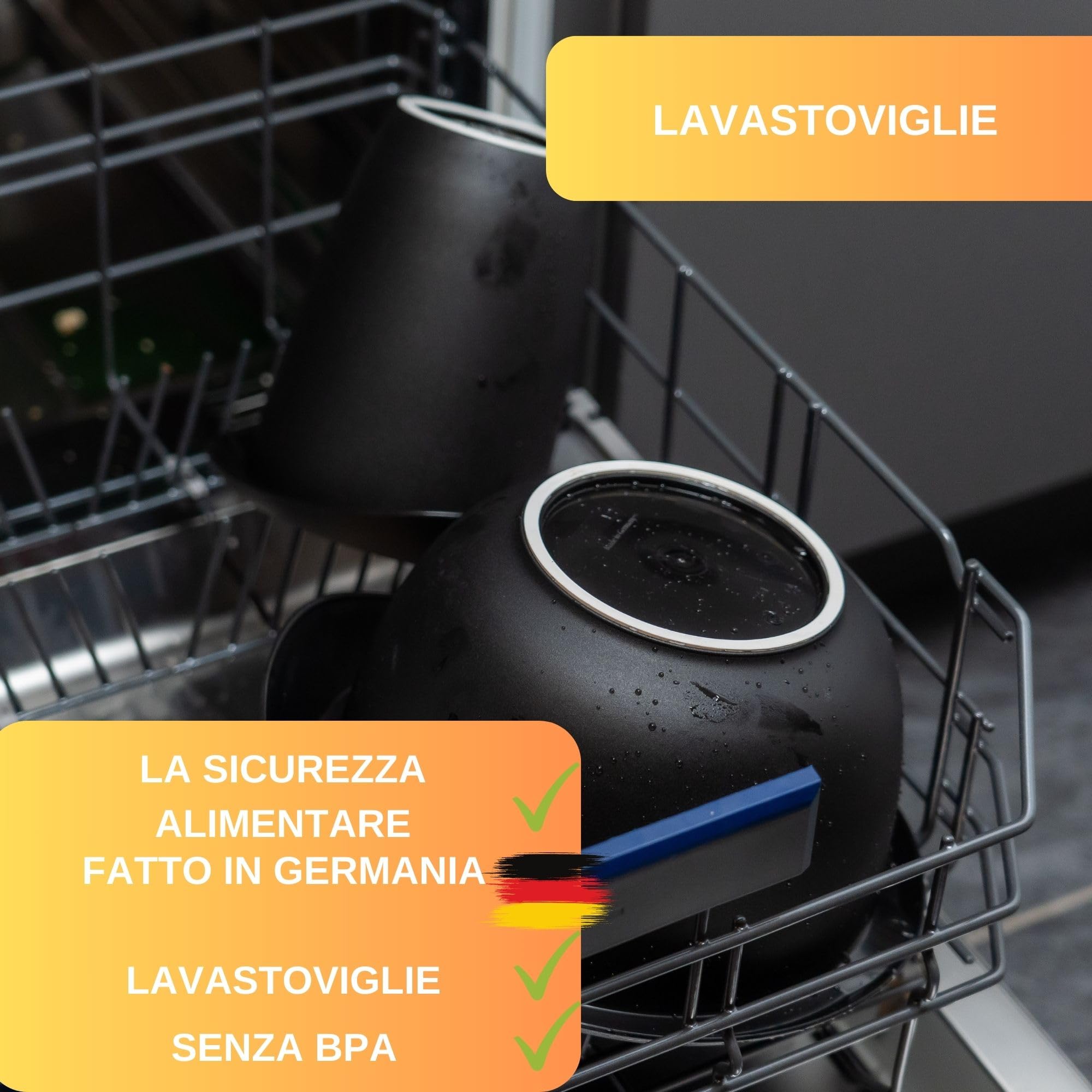 Thiru Ciotola per mescolare e cuocere – con coperchio paraspruzzi – antiscivolo e senza BPA – con 50 ricette – Made in Germany (nero, confezione doppia – 3,5 l e pentola)