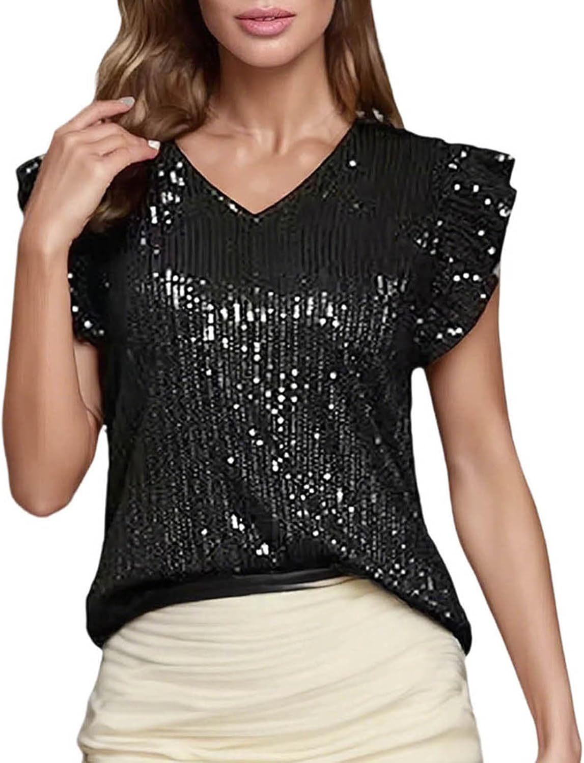 Sequin Tops for Women Ruffled Short Sleeve V Neck Sparkle Going Out Cocktail Blouse Loose Evening Club Party Shirt