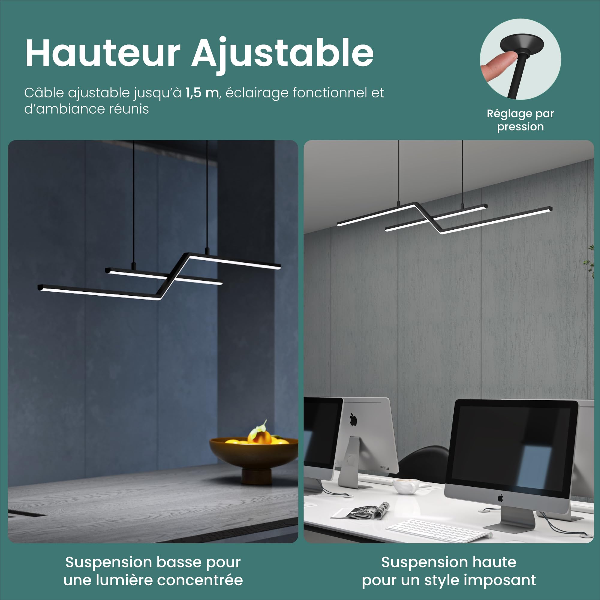 Mai & Mai Lustre 3000/4000/6000K Câble Réglable Lumières Suspension pour Cuisine Chambre Salon Noir 105cm