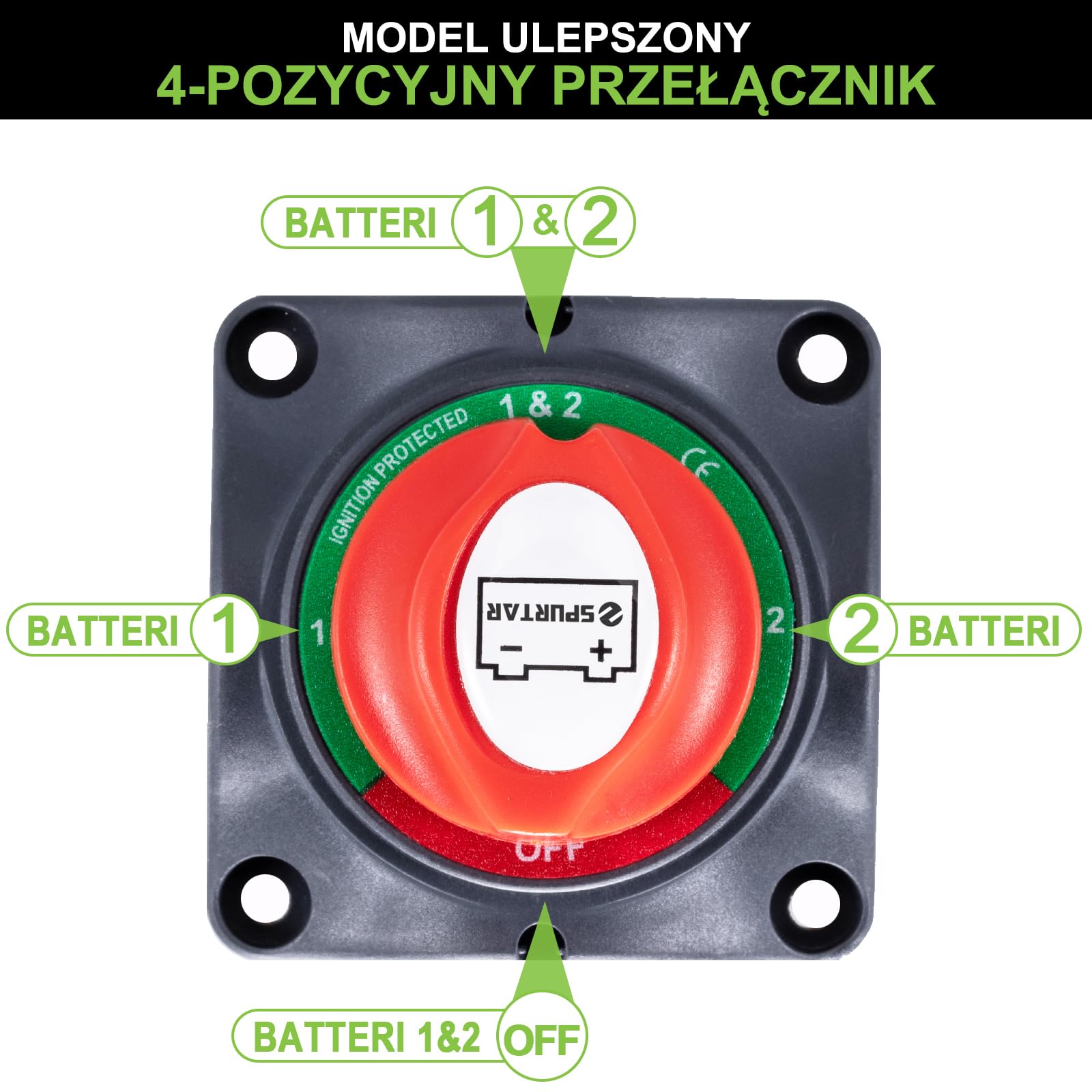 Spurtar Wyłącznik akumulatora Odłącznik akumulatora 200A 1-2-Both-Off | Do samochodów, łodzi, kamperów, ATV i pojazdów, obsługuje systemy 12V 24V 48V