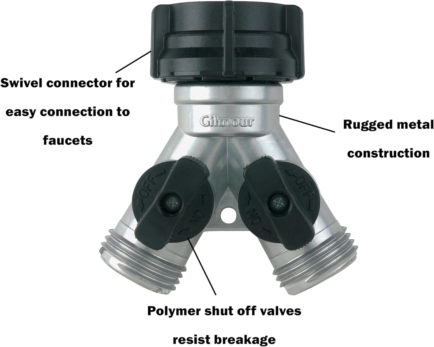 Gilmour Heavy Duty 2 Way Garden Hose Splitter, Dual Water Hose Splitter with Shut Off Valve, Metal Water Manifold