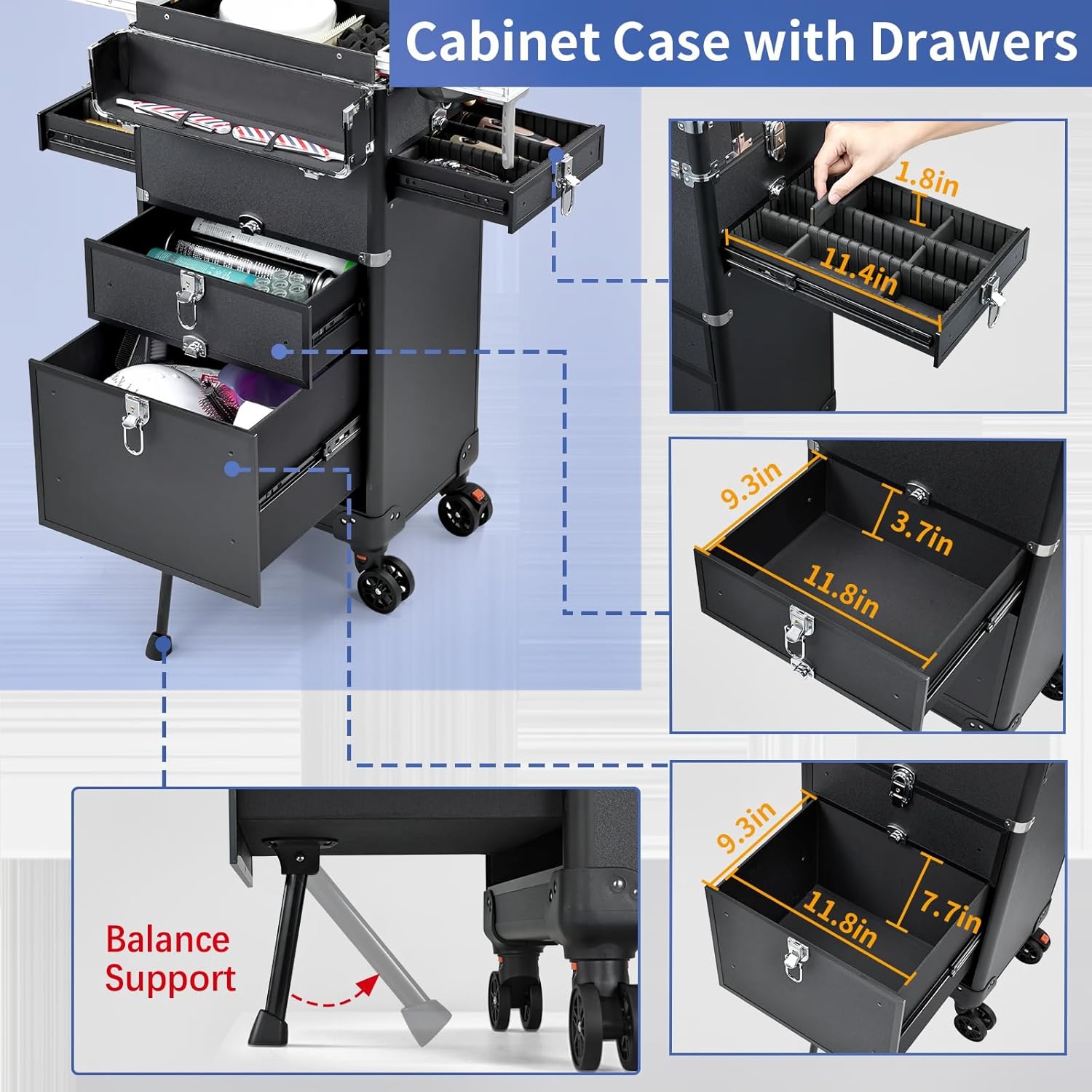 Salon Cart with 4 Drawers, Hair Stylist Cart with Wheels Portable Salon Station with Worktop Tray, Rolling Makeup Train Case Cosmetology Case for Barbering or Hairstyling Service - Image 4