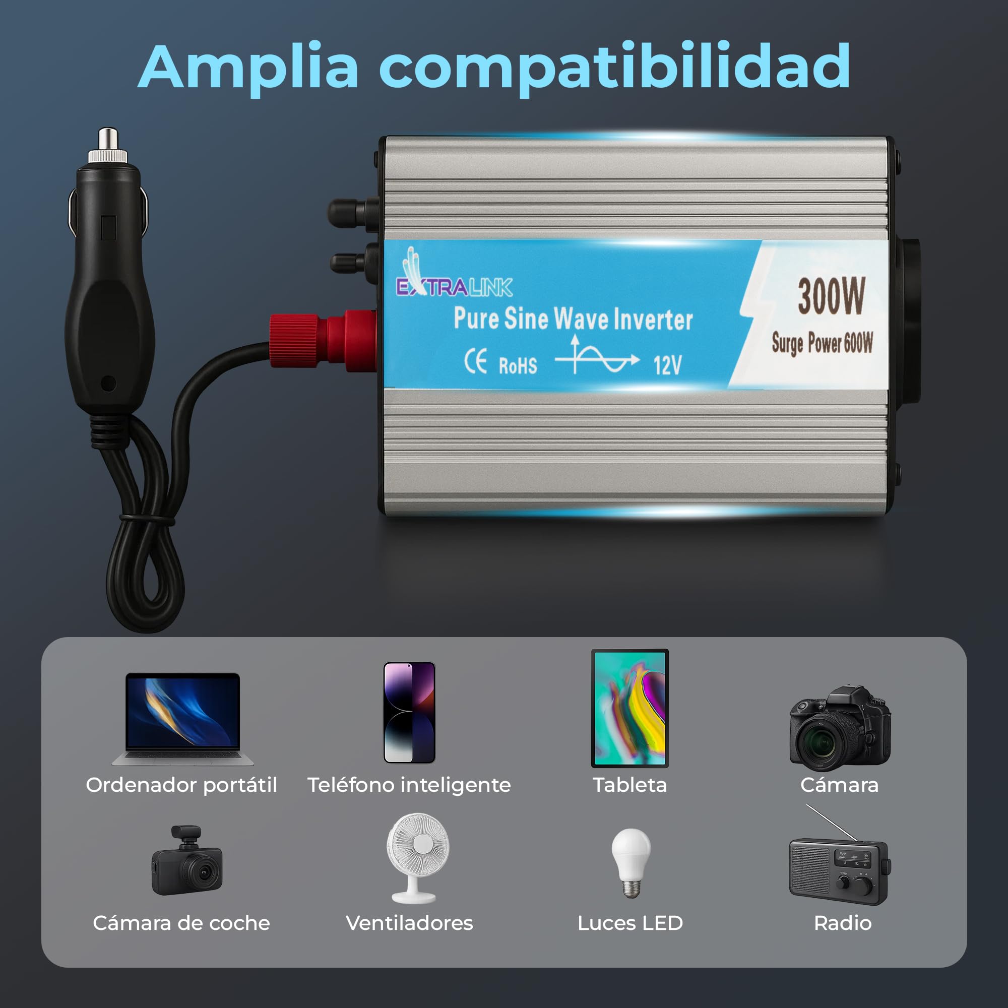 EXTRALINK Inversor 12V 220V Onda Pura 300W 600W Pico – Convertidor 12V 200V con USB, Enchufe de mechero, Ventilador y Protección Cuádruple – para Coche, Barco, Camping, Equipos Sensibles, Solar