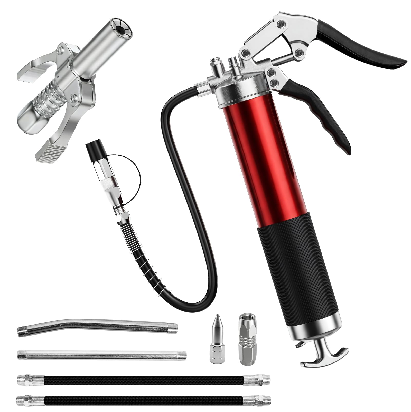 Valyrane Fettpresse 8000 PSI für 400g Kartusche, Einhand Hochleistungs-Fettpresse Set mit Schnellkupplung, 18" Flexschlauch, 6" Metall-Verlängerungsrohr und 2 Düsen für Schmiernippel