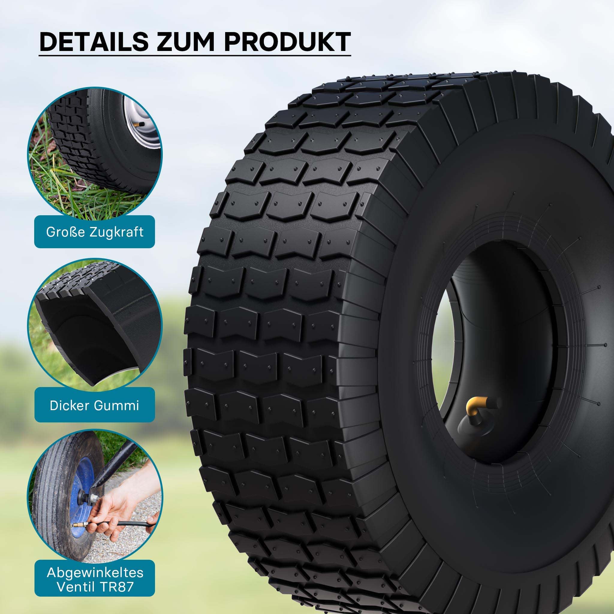 Wiltec 2x Reifenmantel 2x Schlauch für Aufsitzmäher/Rasentraktor 15x6.00-6 4PR Winkelventil