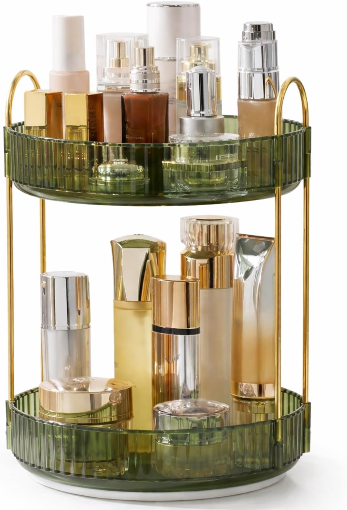 360° Rotating Makeup Organizer Box - Cosmetic Storage with Drawers, Plastic Makeup Holder Stand for Dressing Table, Lipsticks, Nail Polishes & Accessories (Gem Green, 2 Layer)