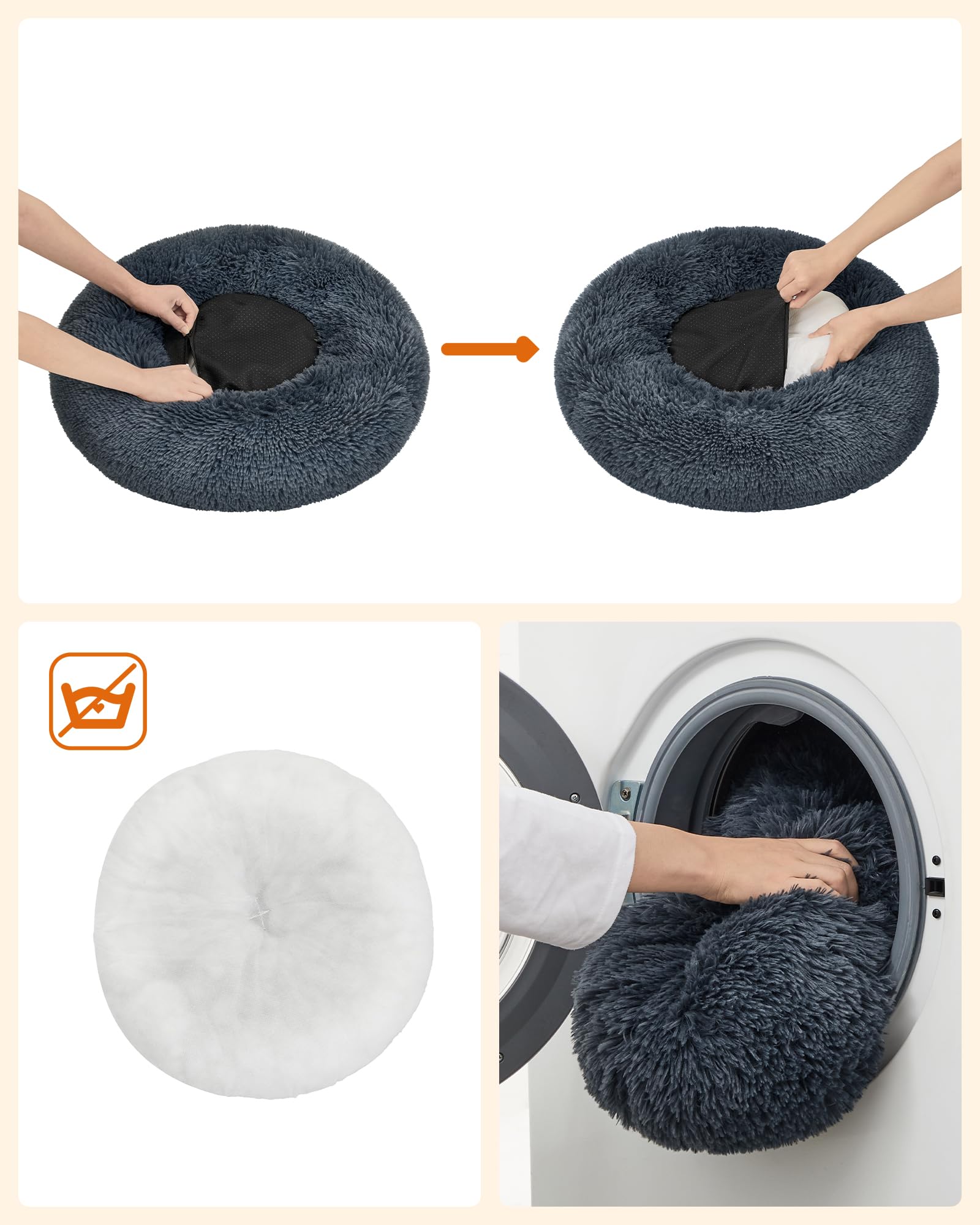 Feandrea Cuccia Cane Interno, Cuccia per Cani, Lettino per Animali Domestici a Ciambella, Cuscino Sfoderabile e Lavabile, Tappeto di Peluche, Diametro 60 cm, Grigio Scuro PGW038G02