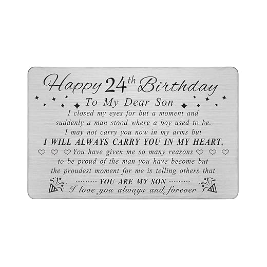DEGASKEN 24th Birthday Card for Son - Happy Birthday Gifts for 24 Year Old Son - 24th Birthday Decorations for Men, Personalized Steel Engraved Wallet card