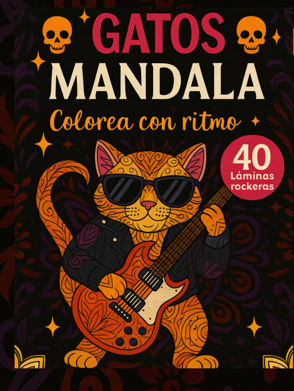Libro colorear mandalas Gatos rockeros 40 Láminas. Lista de reproducción con QR. Relajación y creatividad.: Para niños y adultos