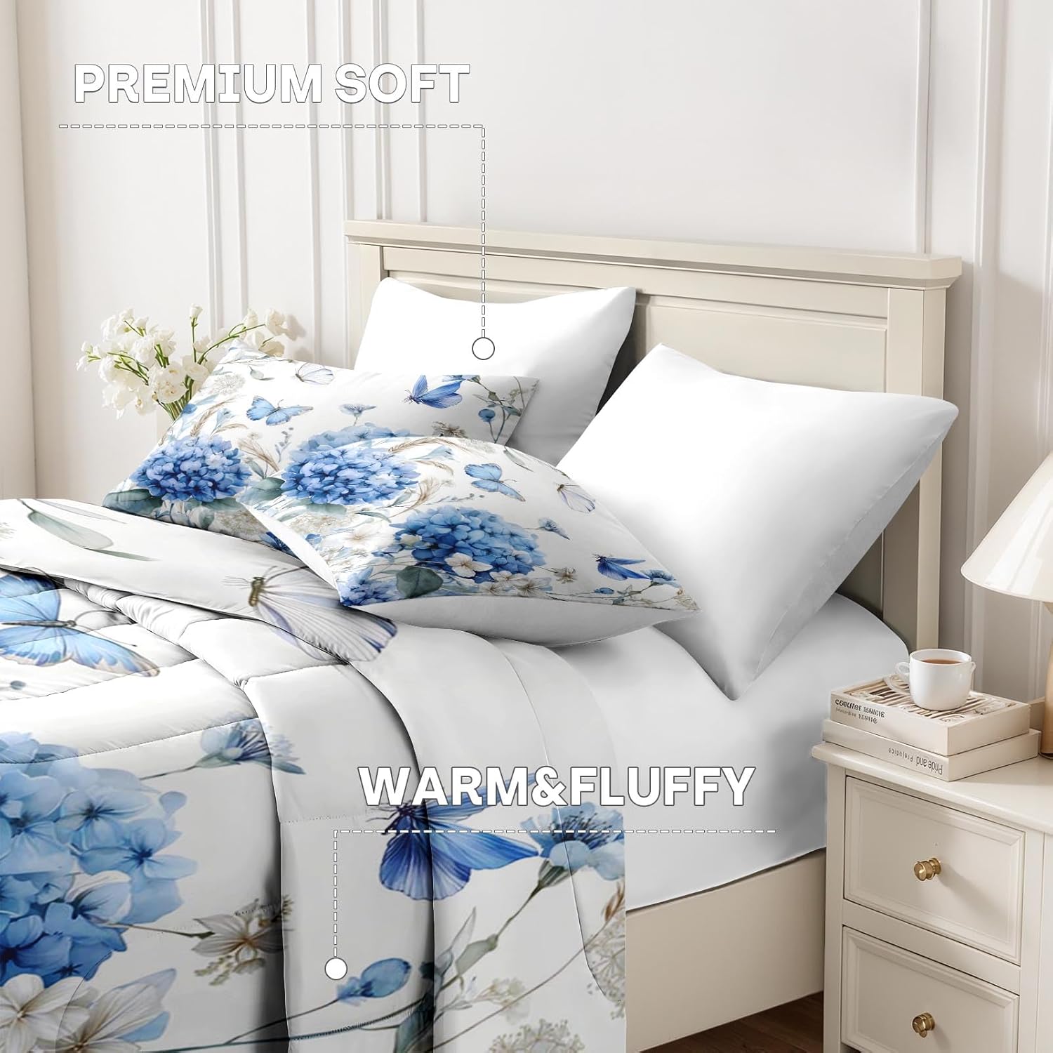 Nesker 7 Pcs Spring Comforter Set King Size, Blue Hydrangea Bedding Set for Kids and Adults, White Floral Bed Sheet Sets with Fitted Sheet 2 Pillowcases & 2 Shams